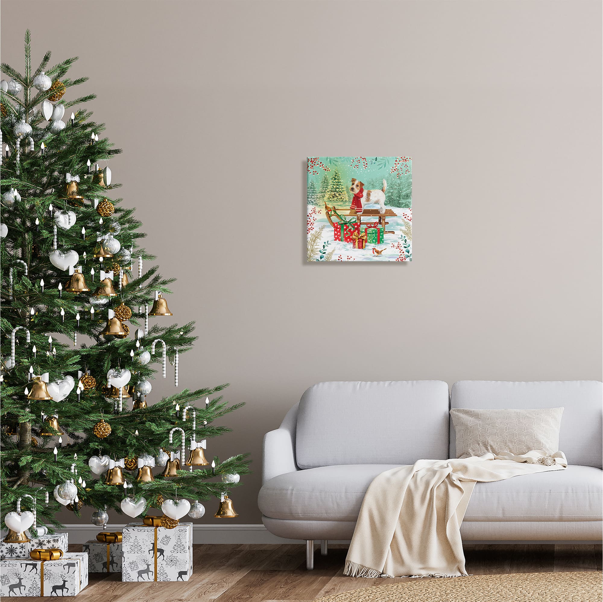Stupell Industries Puppy On Sled Christmas Gifts Canvas Wall Art
